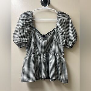SHEIN Black And White Gingham Peplum Top Puff Sleeves Fun Cute Sexy Sz L